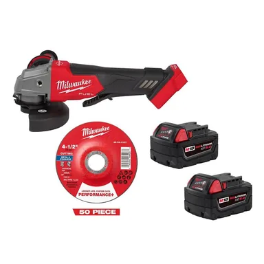 Milwaukee 2880-20-48-11-1852B-49-94-0107-x50, bundle: M18FUEL 18V Cordless 4-1/2 in./5 in Grinder w/ (2) M18 5 Ah Battery w/ 50 4 1/2 in Performance + Metal Cut Wheel Type 27