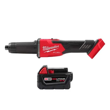 Milwaukee 2939-20-48-11-1850, bundle: M18 FUEL 18V Lithium-Ion Brushless Cordless 1/4 in. Braking Die Grinder Slide Switch w/5.0Ah Battery