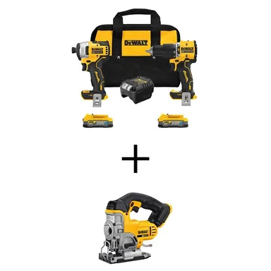 DeWalt DCK226E2WCS331B, bundle: 20V MAX Lithium-Ion Cordless 2-Tool Combo Kit and 20V MAX Cordless Jig Saw with (2) POWERSTACK 1.7Ah Batteries & Charger