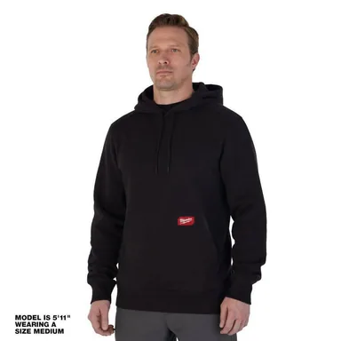Milwaukee 351B-L, unpowered: Men's Large Black Midweight Cotton/Polyester Long-Sleeve Pullover Hoodie (photograph from the Home Depot listing)
