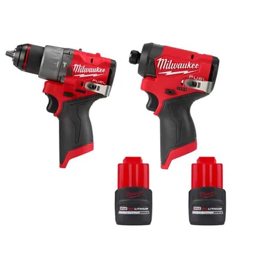 Milwaukee 3453-20-3404-20-48-11-2425-48-11-2425, bundle: M12 FUEL 12V Lithium-Ion Brushless Cordless 1/4 in Impact Driver, 1/2 in Hammer Drill w/(2) M12 CP 2.5 Ah Batteries