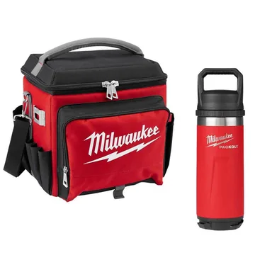 Milwaukee 48-22-8250-48-22-8382R, bundle: 21 Qt. Soft Sided Jobsite Lunch Cooler with PACKOUT Red 18 oz. Insulated Bottle with Chug Lid