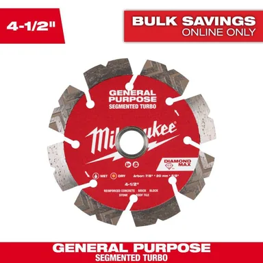Milwaukee 49-93-9004, accessory: 4.5 in. DIAMOND MAX General Purpose Segmented Turbo Diamond Blade