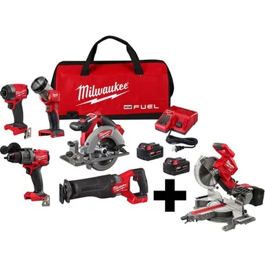 Milwaukee 3697-25-2734-20, bundle: M18 FUEL 18-Volt Lithium-Ion Brushless Cordless Combo Kit (5-Tool) with 10 in Dual Bevel Sliding Compound Miter Saw