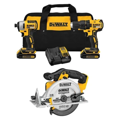 DeWalt DCK277D2WCS391B, bundle: 20V MAX Lithium-Ion Cordless 2-Tool Combo Kit and 20V MAX 6.5 in. Circular Saw with (2) 2 Ah Batteries, Charger & Kitbag