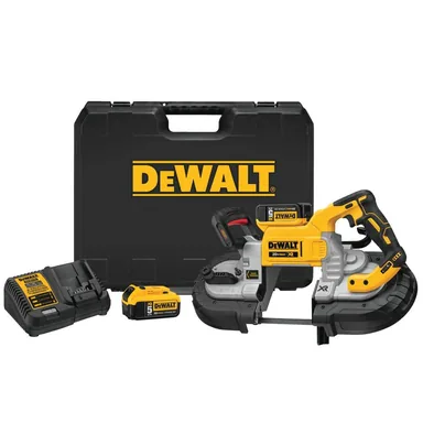 DeWalt DCS376P2, kit: 20V MAX Cordless Brushless 5 in. Dual Switch Bandsaw with (2) 20V 5.0Ah Batteries and Charger (photograph from the Home Depot listing)