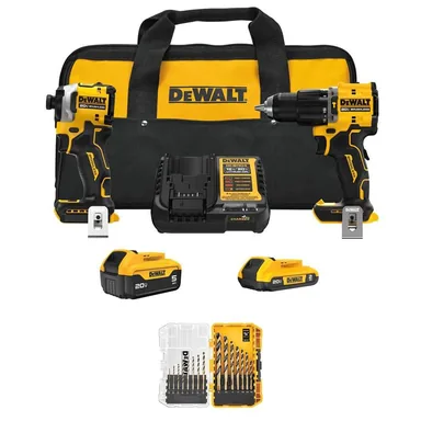 DeWalt DCK200D1P1W1195, bundle: ATOMIC 20-Volt MAX Lithium-Ion Cordless 2-Tool Combo Kit and Drill Bit Set (15-Piece) 5Ah, 2Ah Batteries Charger Kit Bag