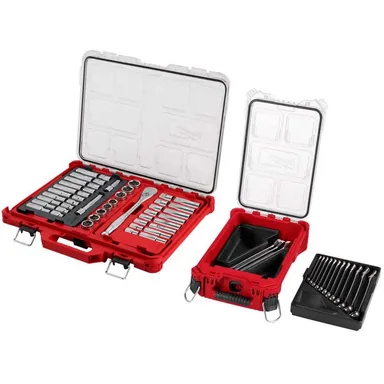 Milwaukee 48-22-9487-48-22-9483, bundle: 1/2 in. Drive SAE/Metric Ratchet and Socket Mechanics Tool Set & Metric Combination Wrench Set w/ PACKOUT (62-Piece)