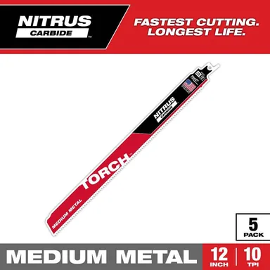 Milwaukee 48-00-6553, accessory: 12 in. 10 TPI TORCH Nitrus Carbide Teeth Medium Metal Cutting SAWZALL Reciprocating Saw Blade (5-Pack)