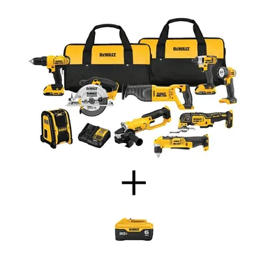 DeWalt DCK940D2W206, bundle: 20V MAX Cordless 9-Tool Combo Kit, (2) 20V 2.0Ah Batteries, and (1) 20V 6.0Ah Battery