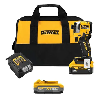 DeWalt DCF850P1WCBP320, bundle: ATOMIC 20V MAX Lithium-Ion Cordless 1/4 in. Brushless Impact Driver Kit, 5 Ah Battery, 3.5 Ah Battery, Charger, and Bag