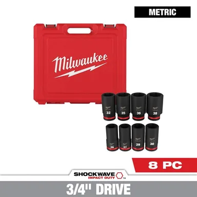 Milwaukee 49-66-7020, accessory: SHOCKWAVE 3/4 in. Drive Metric Deep Well 6 Point Impact Socket Set (8-Piece) (photograph from the Home Depot listing)
