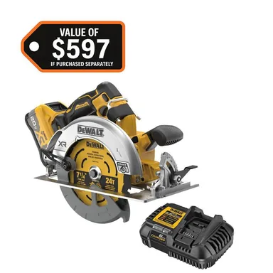 DeWalt DCS590WW1, kit: 20V MAX Lithium-Ion 7-1/4 in. Cordless Circular Saw Kit with 8.0 Ah Battery, Charger and Kit Bag (photograph from the Home Depot listing)