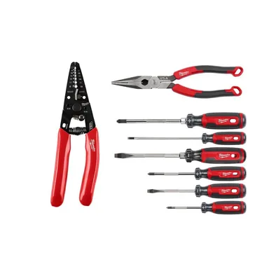 Milwaukee MT702-MT555-MT200-6, bundle: 8-20 AWG Dppd Grip Wire Stripper/Cutter(USA), 8"Long Nose Cmfrt Grip Pliers(USA) and 6PC. Cshn Grip Screwdriver Set(USA)