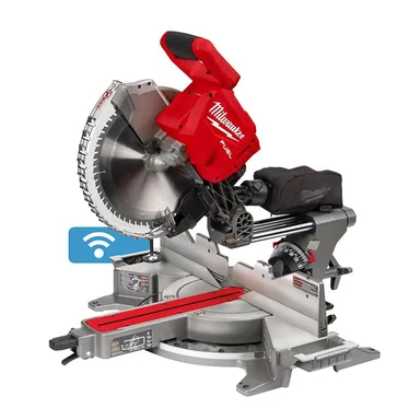 Milwaukee 2739-20, bare tool: M18 FUEL 18V Lithium-Ion Brushless Cordless 12 in. Dual Bevel Sliding Compound Miter Saw (Tool-Only) (photograph from the Home Depot listing)