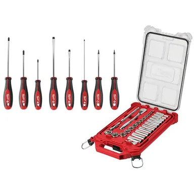 Milwaukee 48-22-9481-48-22-2718, bundle: 3/8 in. Drive SAE Ratchet and Socket Mechanics Tool Set with Packout Case (28-Piece) and Screwdriver Set (8-Piece)