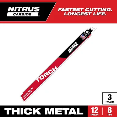 Milwaukee 48-00-5363, accessory: 12 in. 8 TPI TORCH Nitrus Carbide Teeth Metal Cutting SAWZALL Reciprocating Saw Blade (3-Pack)