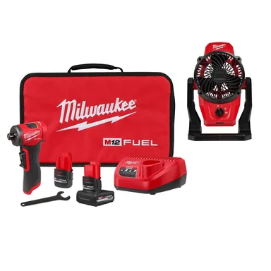 Milwaukee 3485-22-0820-20, bundle: M12 FUEL 12V Lithium-Ion Brushless Cordless 1/4 in. Right Angle Die Grinder Kit w/ 5.0 Ah, 2.5 Ah Batteries, & Fan