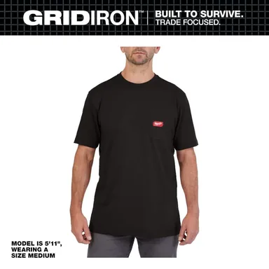 Milwaukee 605B-L, unpowered: Men's Large Black GRIDIRON Cotton/Polyester Short-Sleeve Pocket T-Shirt (photograph from the Home Depot listing)