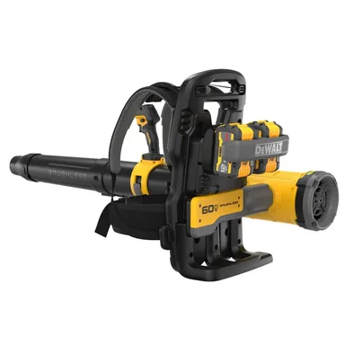DeWalt DCBL570Y2, kit: FLEXVOLT 60V MAX 855 CFM 160 MPH Cordless Battery Powered Backpack Blower with (2) 4.0 Ah Batteries and Chargers (photograph from the Home Depot listing)