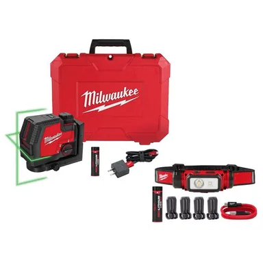 Milwaukee 3521-21-2163-21, bundle: Green 100 ft. Cross Line Rechargable Laser Level with REDLITHIUM USB Battery, Charger, and 600 Lumen LED Headlamp