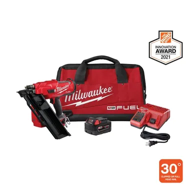 Milwaukee 2745-21, kit: M18 FUEL 3-1/2 in. 18-Volt 30-Degree Lithium-Ion Brushless Cordless Framing Nailer Kit with 5.0 Ah Battery Charger, Bag (photograph from the Home Depot listing)