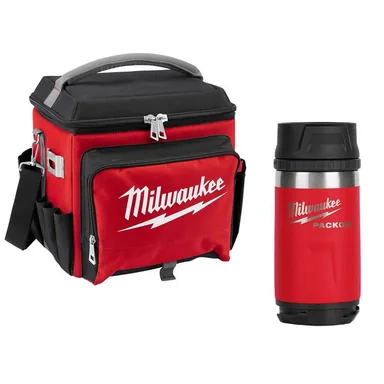 Milwaukee 48-22-8250-48-22-8391R, bundle: 21 Qt. Soft Sided Jobsite Lunch Cooler with PACKOUT Red 12 oz. Insulated Bottle with Sip Lid