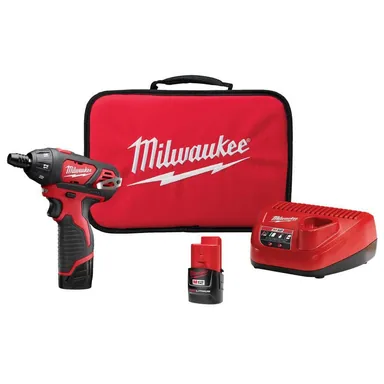 Milwaukee 2401-22, kit: M12 12V Lithium-Ion Cordless 1/4 in. Hex Screwdriver Kit with Two 1.5Ah Batteries, Charger and Tool Bag