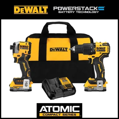 DeWalt DCK254E2, bundle: 20V MAX Lithium-Ion Brushless Cordless 2 Tool Combo Kit with (2) 1.7Ah Batteries, Charger, and Bag (photograph from the Home Depot listing)