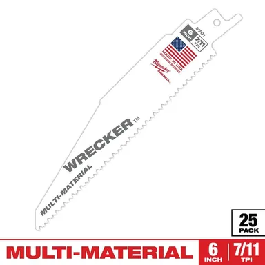 Milwaukee 48-00-8701, accessory: 6 in. 7/11 Teeth per in. Wrecker Demolition Multi-Material Cutting Sawzall Reciprocating Saw Blades (25 Pack)