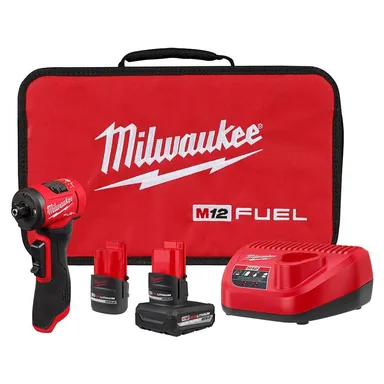 Milwaukee 3485-22, kit: M12 FUEL 12V Lithium-Ion Brushless Cordless 1/4 in. Right Angle Die Grinder Kit w/ 5.0 Ah & 2.5 Ah Batteries (photograph from the Home Depot listing)