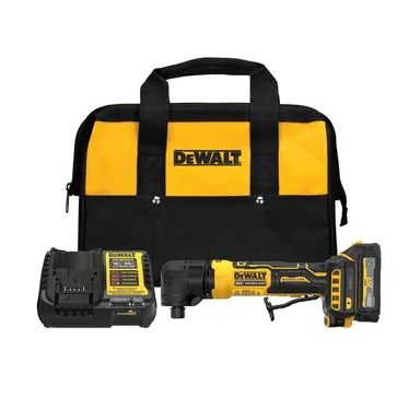 DeWalt DCG422GE1, kit: ATOMIC 20V MAX Lithium-Ion Cordless Right Angle Die Grinder Kit with 1.7 Ah Oil Resistant Battery, Charger and Kitbag (photograph from the Home Depot listing)