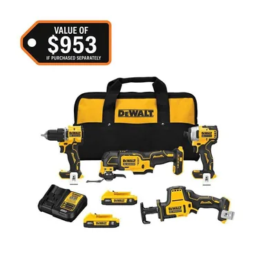 DeWalt DCK486D2, bundle: ATOMIC 20-Volt Lithium-Ion Cordless Brushless Combo Kit (4-Tool) with (2) 2.0Ah Batteries, Charger and Bag (photograph from the Home Depot listing)