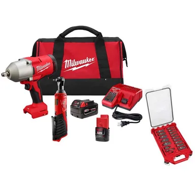 Milwaukee 2666-22RH-49-66-6800, bundle: M12/M18 12/18V Lithium-Ion Cordless 3/8 in. Ratchet & 1/2 in. Impact Wrench Combo Kit w/Socket Set (17-Piece)