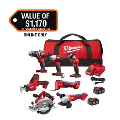 Milwaukee 2695-27SH, kit: M18 18-Volt Lithium-Ion Cordless Combo Kit 7-Tool with 2-Batteries, Charger and Tool Bag