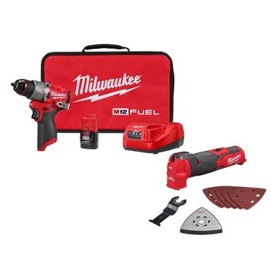 Milwaukee 3404-21-2526-20, bundle: M12 FUEL 12-Volt Li-Ion Brushless Cordless 1/2 in. Hammer Drill Kit w CP 2.0Ah Battery, Charger & M12 FUEL Multi-Tool