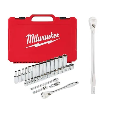 Milwaukee 48-22-9508-48-22-9037, bundle: 3/8 in. Drive Metric Ratchet and Socket Mechanics Tool Set with 3/8 in. Drive 12 in. Extended Ratchet (33-Piece)