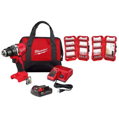 Milwaukee 3601-21P-48-32-5155, bundle: M18 18V Lithium-Ion Brushless Cordless Compact Drill/Driver w/One 2.0 Ah Battery, Charger & Bit Set (120-Piece)