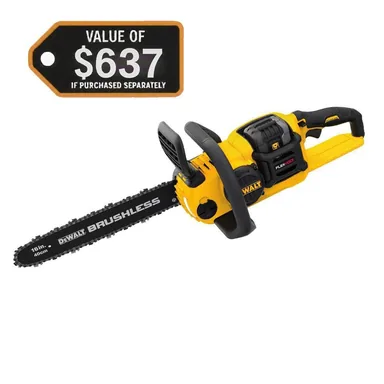 DeWalt DCCS670X1, kit: FLEXVOLT 60V MAX 16 in. Brushless Cordless Chainsaw Kit with (1) 3.0 Ah Battery and Charger (photograph from the Home Depot listing)