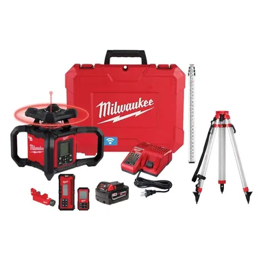 Milwaukee 3704-21T, kit: M18 4000 ft. Red Exterior Dual Slope Rotary Laser Level Kit with Receiver, Remote, Grade Rod and Tripod