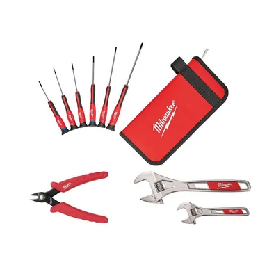 Milwaukee 48-22-2606-48-22-6105-48-22-7400, bundle: 6PC Precision Screwdriver Set, Mini Flush Cutters, and 2 Pc. 6" & 10" Adjustable Wrench Set