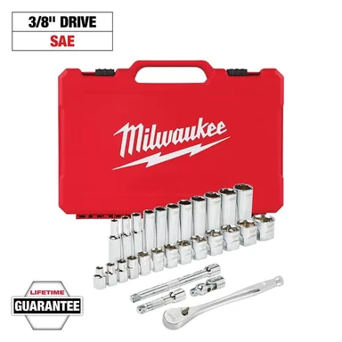 Milwaukee 48-22-9408, unpowered: 3/8 in. Drive SAE Ratchet and Socket Mechanics Tool Set (28-Piece)