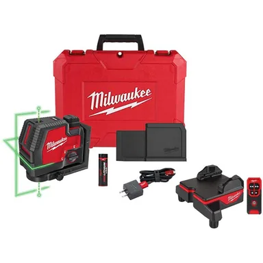 Milwaukee 3522-21-48-35-1314, bundle: Green 100 ft. Cross Line and Plumb Points Rechargeable Laser Level with Wireless Laser Level Alignment Base
