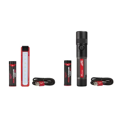 Milwaukee 2112-21-2161-21, bundle: 445 Lumens LED Rover Rechargeable Pocket Flood Light & 550 Lumens LED Rechargeable Pivoting Flood Light (2-Pack) (photograph from the Home Depot listing)