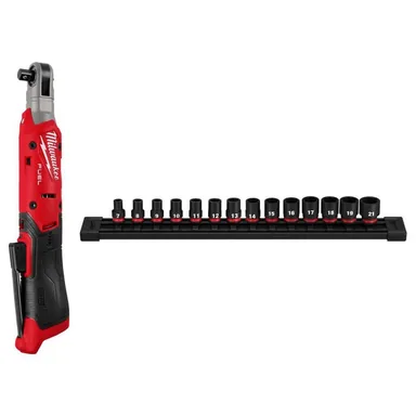 Milwaukee 3053-20-49-66-7007, bundle: M12 12V Lithium-Ion 3/8 in. Cordless Ratchet (Tool-Only) and 3/8 in. Drive Metric 6 Point Impact Socket Set (14-Piece)