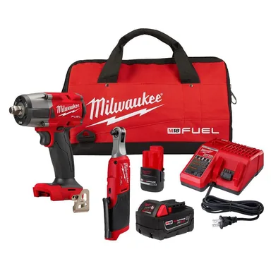Milwaukee 3890-22, kit: M18 FUEL 18V Cordless Mid Torque 1/2 in. Impact Wrench w/ M12 FUEL 3/8 in. Ratchet & Battery/Charger Combo Kit (photograph from the Home Depot listing)