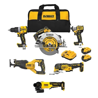 DeWalt DCK510P2WCG408B, bundle: 20V Lithium-Ion Cordless 5-Tool Combo Kit and Brushless 4-1/2 in. Angle Grinder with (2) 5.0 Ah Batteries and Charger
