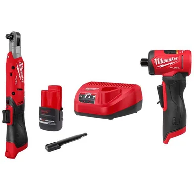 Milwaukee 3053-21-3485-20, bundle: M12 12V Lithium-Ion 3/8 in. Cordless Ratchet Kit with Battery, Charger and Right Angle Die Grinder