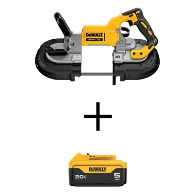 DeWalt DCS374Bw5b, kit: 20V MAX Cordless Brushless Deep Cut Band Saw and (1) 20V 5.0Ah Battery
