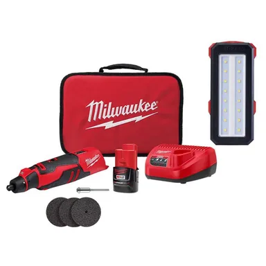 Milwaukee 2525-21-2367-20, bundle: M12 12V Lithium-Ion Cordless Brushless Rotary Tool Kit with M12 12V ROVER Service and Repair Flood Light